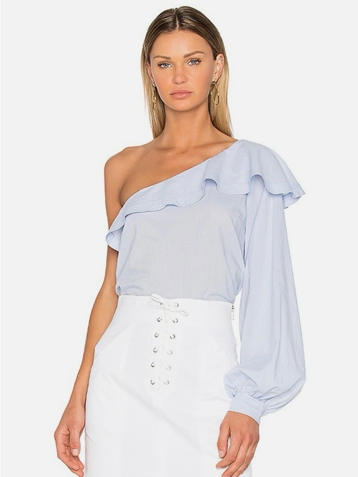 A.L.C Brielle Blue Poplin One Sleeve Ruffle Top